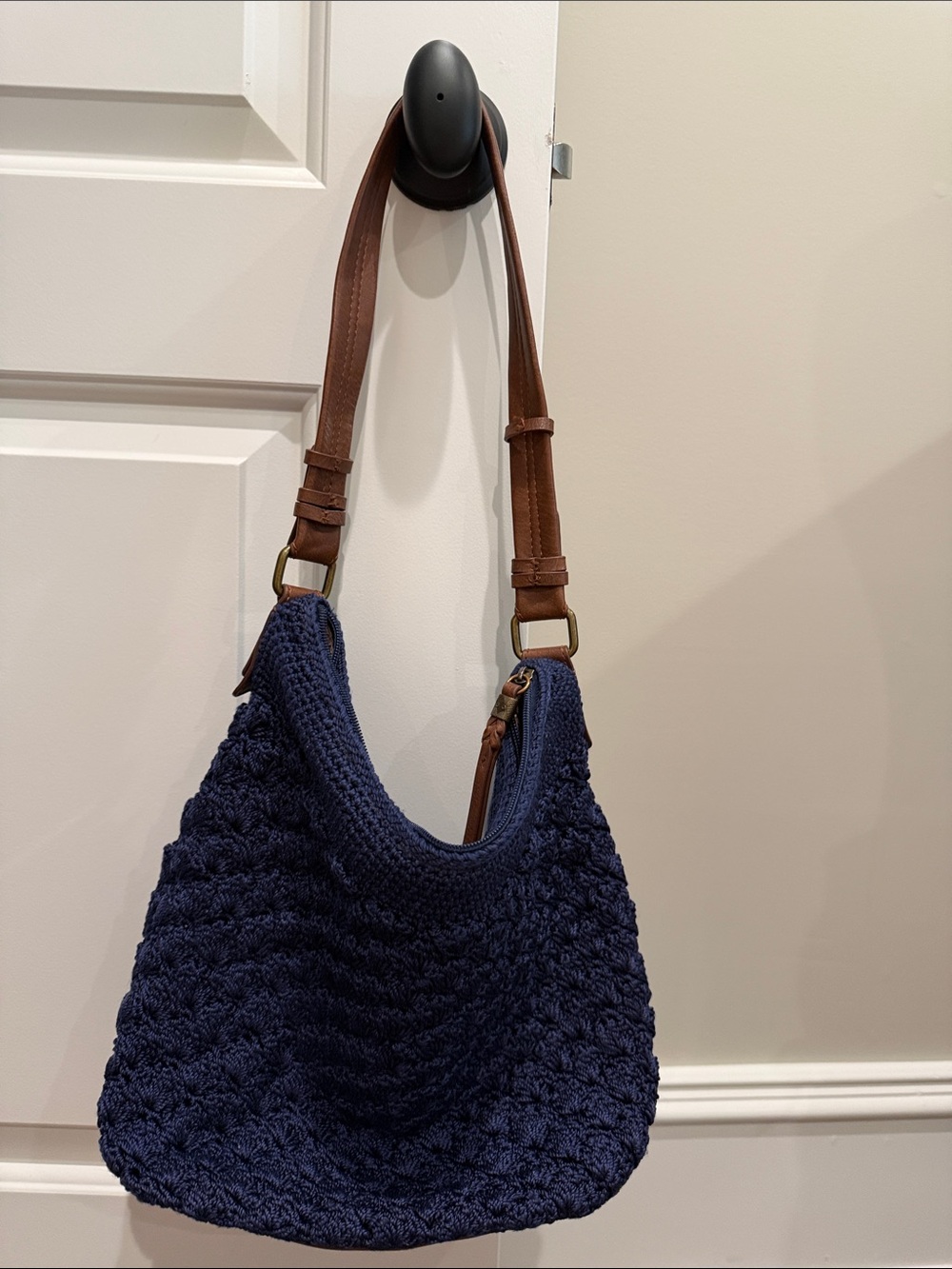 The San Navy Crochet Hobo Bag with Brown Leather Strap